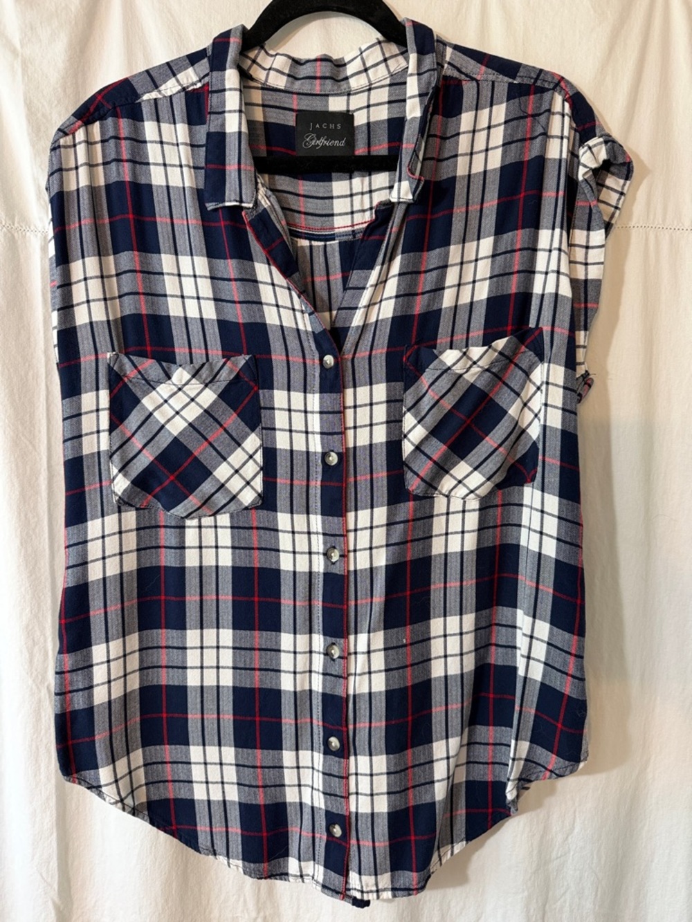 JACHS Girlfriend Navy, White & Red Plaid Button-Front Shirt